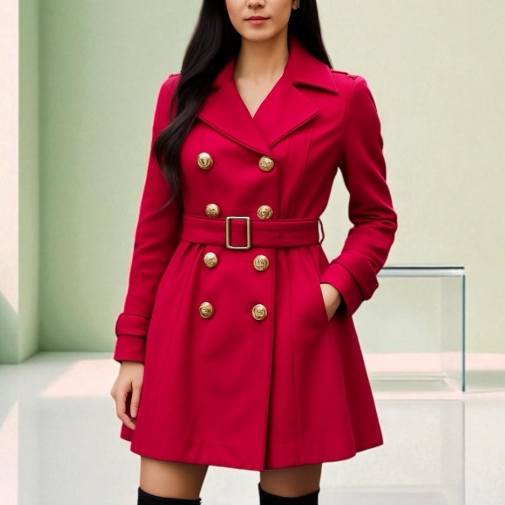 Cecil McBee Japan Y2K Pink Double Breasted Gold Button Belted Pea Coat Small